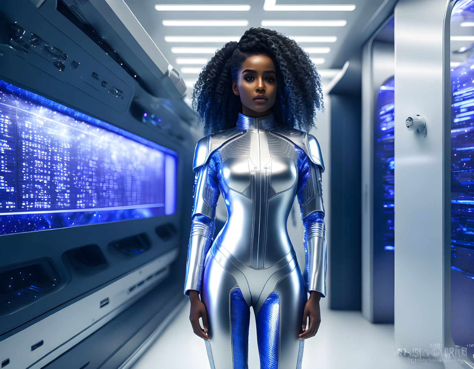 Futuristic woman in silver suit in high-tech room with blue lighting