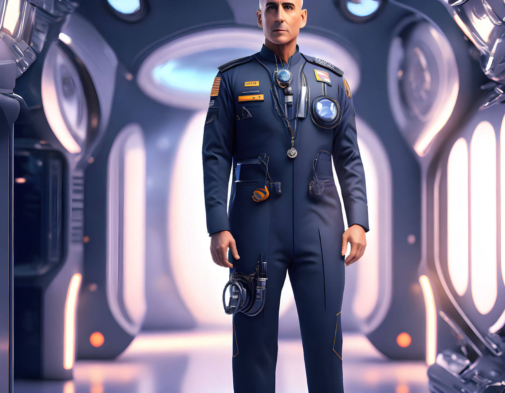 Futuristic man in blue uniform with badges and headset in spaceship corridor