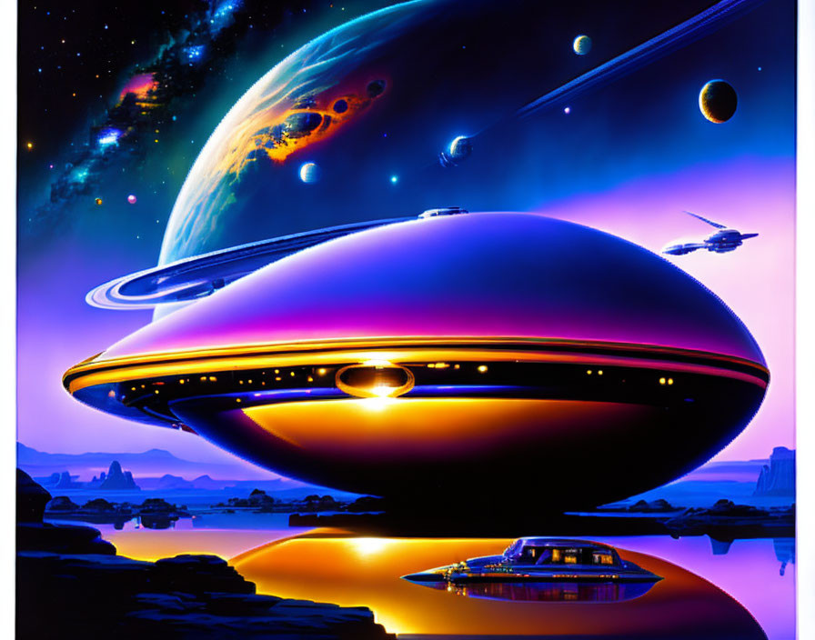 Large sleek spaceship hovers over reflective alien landscape