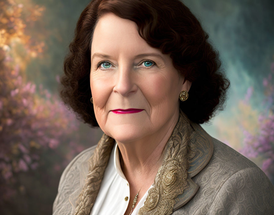 Mature woman with blue eyes, dark hair, gold earrings, white blouse, patterned blazer