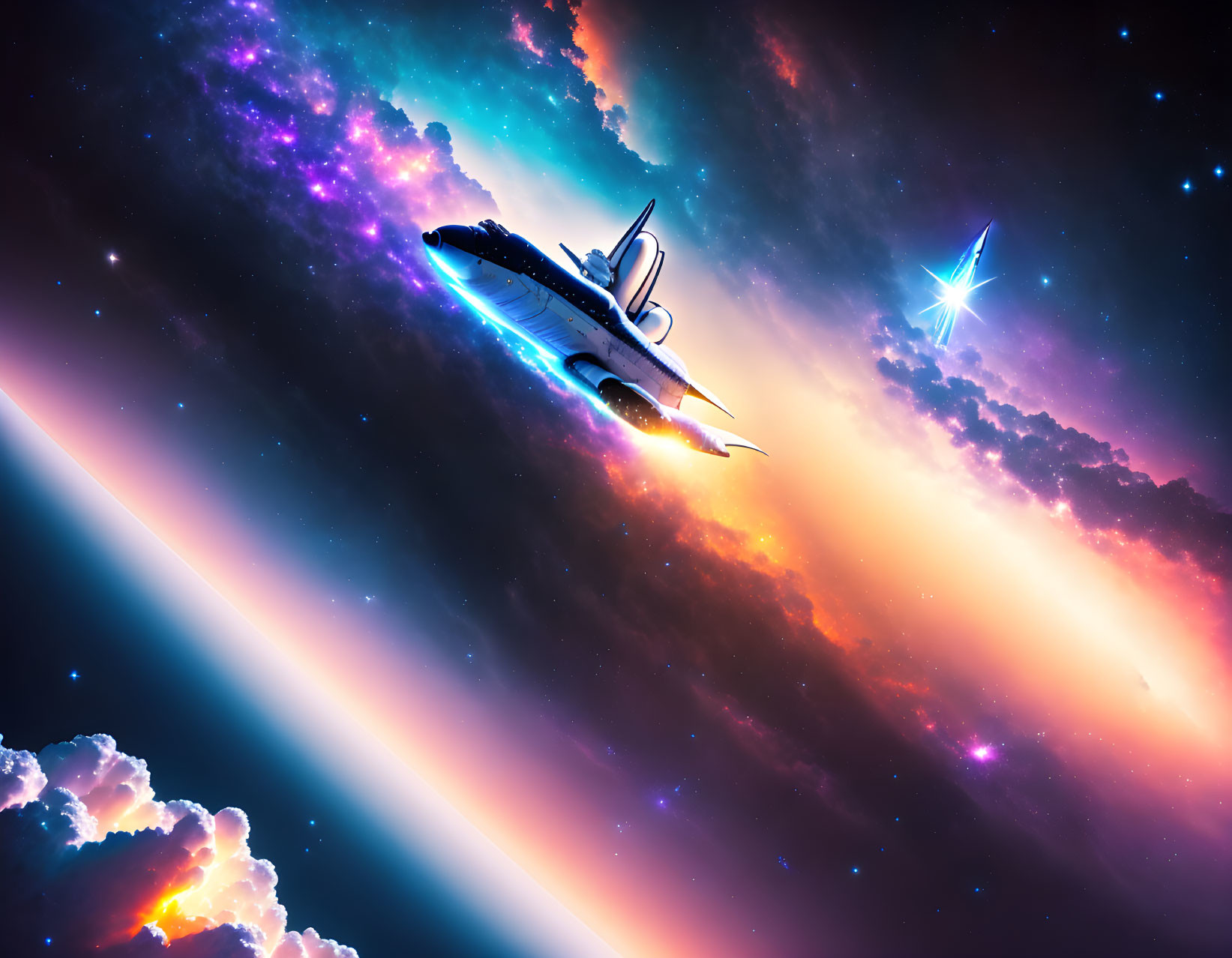 Colorful Space Scene: Futuristic Spaceship in Nebula