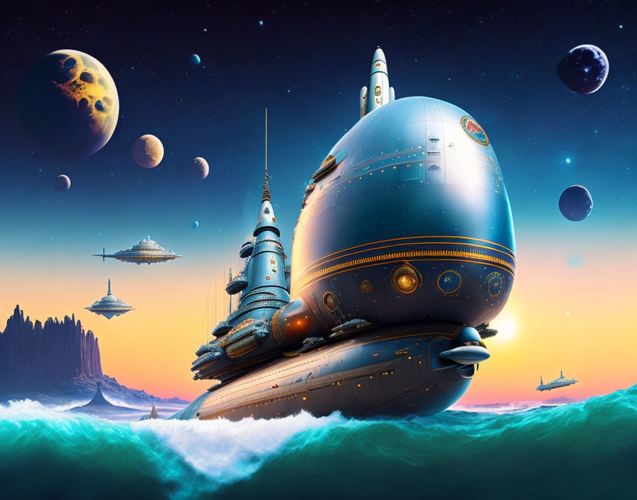 Large round spaceship on water with rockets, planets, and galaxy in futuristic scene