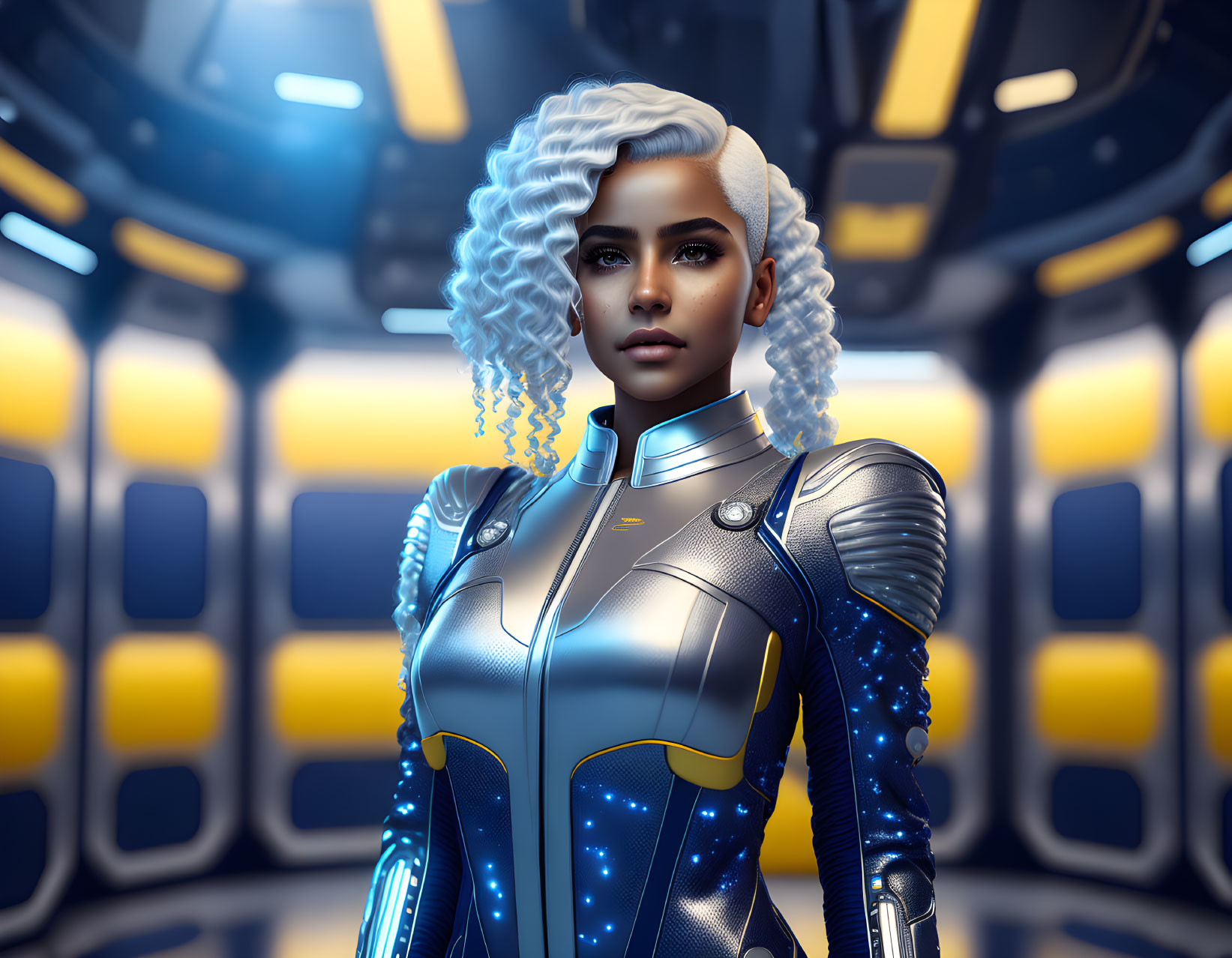 Futuristic female character with white curly hair in high-tech blue and silver suit at space station corridor