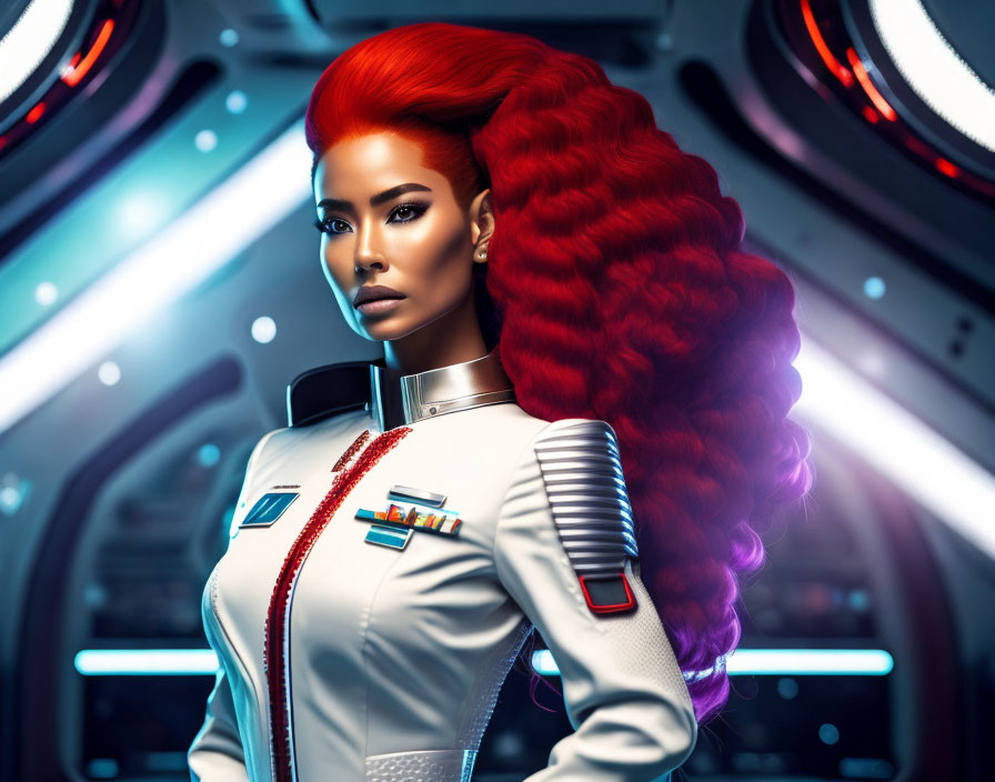 Vibrant red and purple hair woman in white sci-fi uniform in spaceship corridor