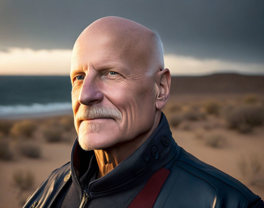 Bald Man with Mustache and Leather Jacket Smirks in Desert