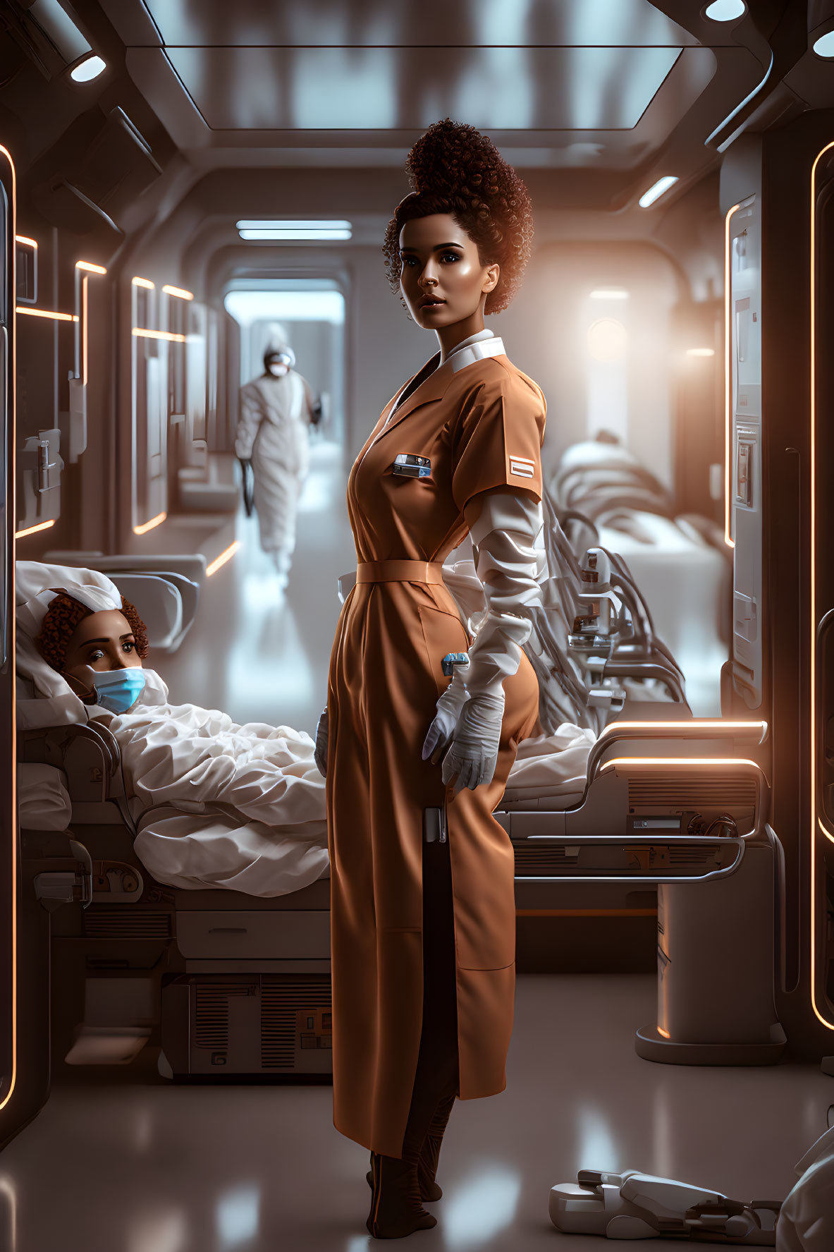 Futuristic woman in medical attire in spaceship corridor