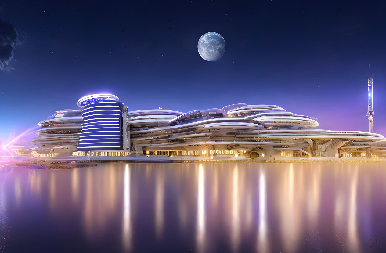 Layered futuristic building illuminated at twilight with water reflection under moonlit sky