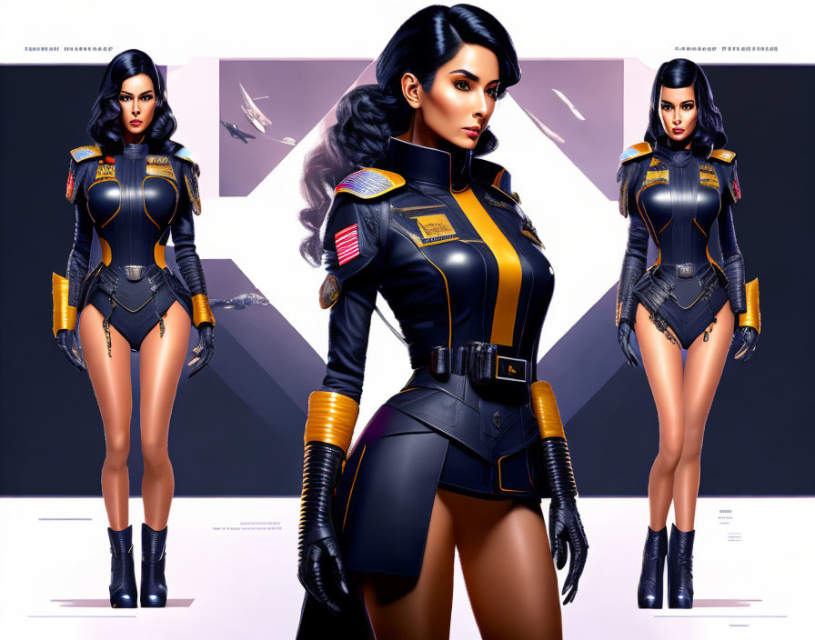 Futuristic military woman concept art in various poses on purple backdrop