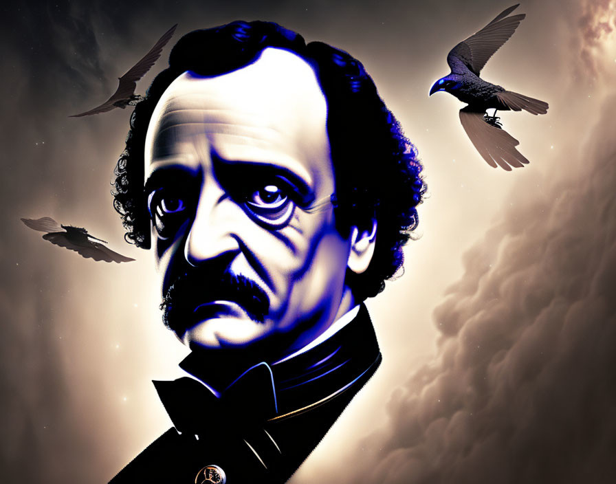 Gothic-themed artwork featuring Edgar Allan Poe and ravens in dramatic setting