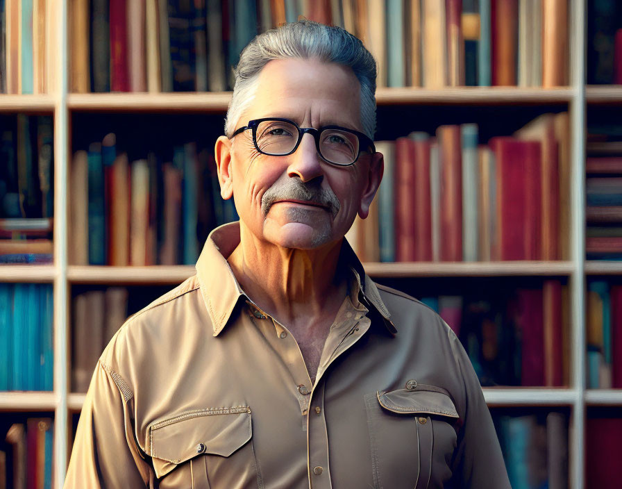 Elderly man with gray hair and glasses in front of bookshelf wearing light brown shirt