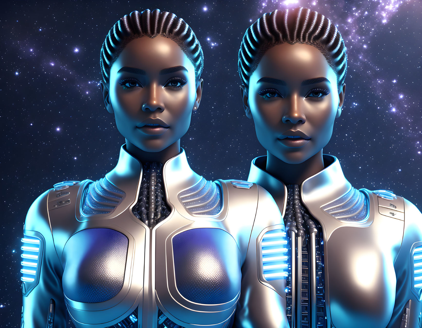 Identical Female Futuristic Androids in Silver Suits on Starry Space Background