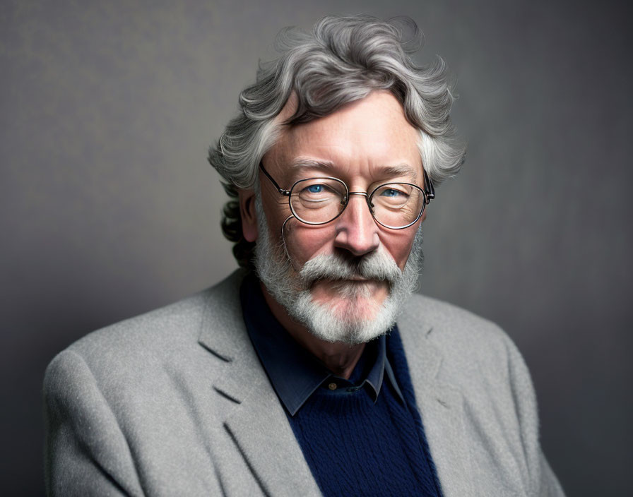 Elderly man with grey hair and beard smiles in grey blazer and glasses