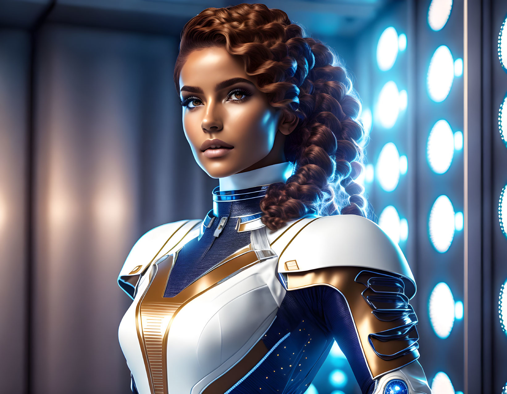 Futuristic digital illustration of woman with braided hair in white and blue suit.