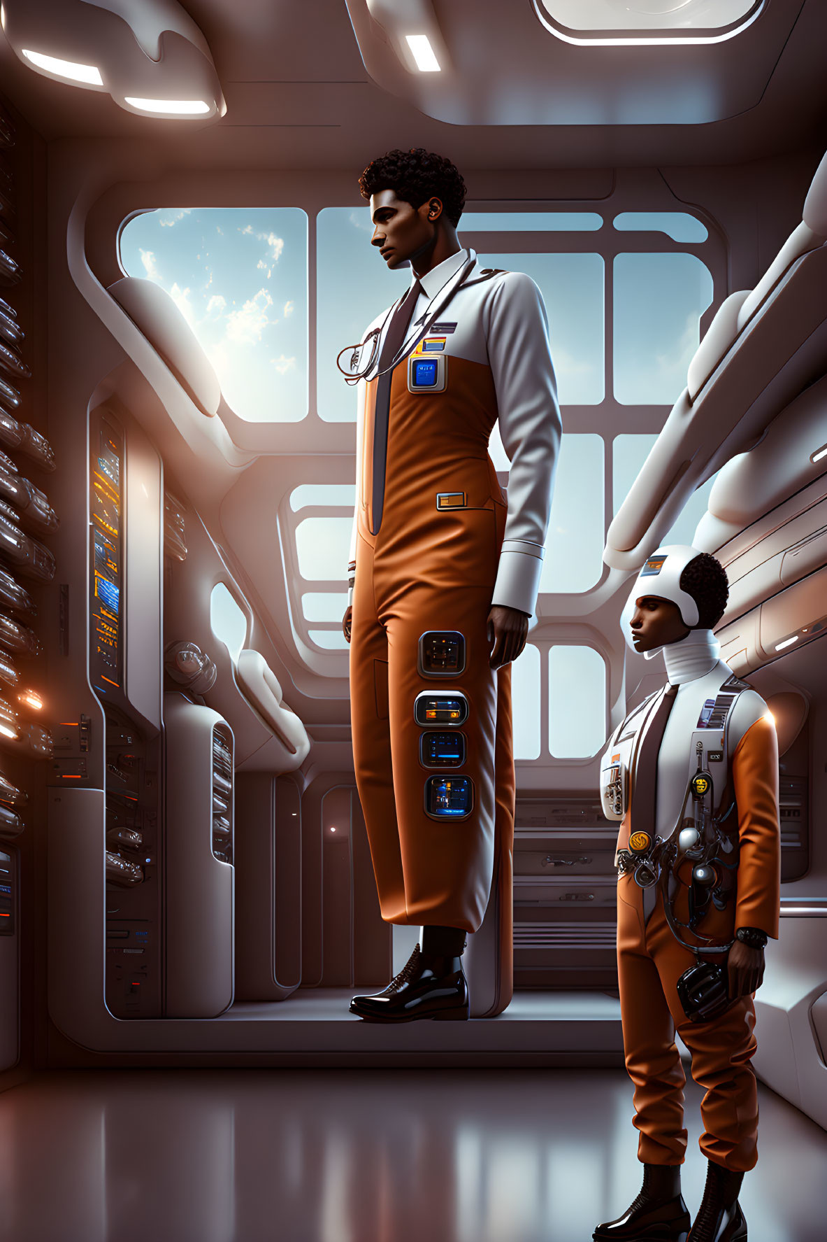 Futuristic uniforms in spaceship corridor with illuminated panels