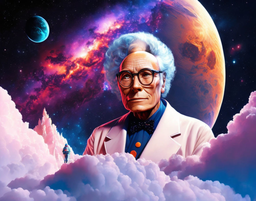 Whimsical illustration of white-haired man in lab coat amidst cosmic backdrop