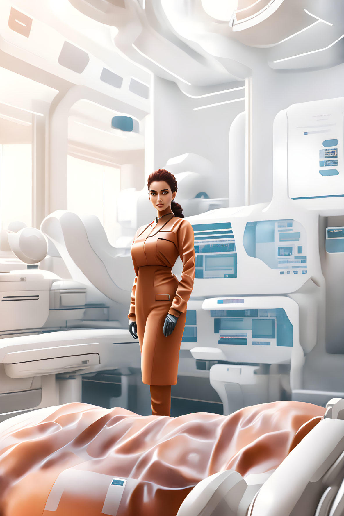 Futuristic medical room with woman and patient on high-tech bed