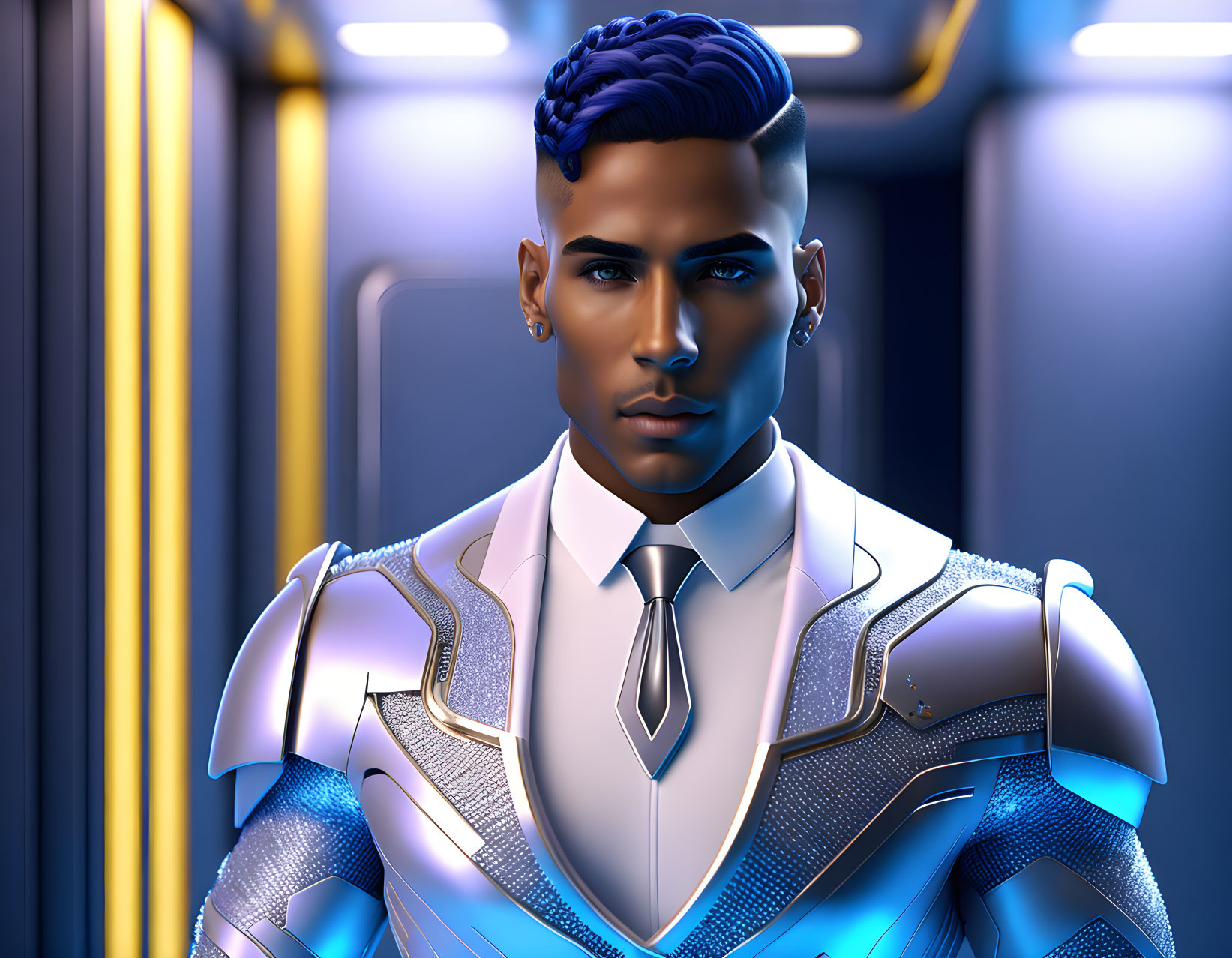 Futuristic man in blue-lit environment with sci-fi attire