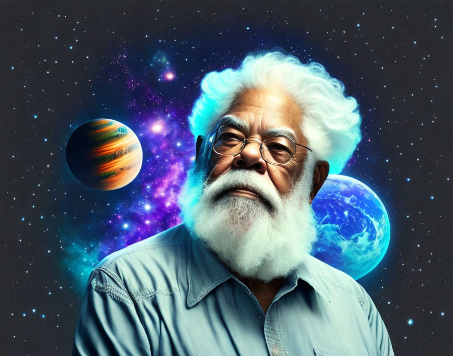 Elderly man with white hair and beard in blue shirt against cosmic backdrop