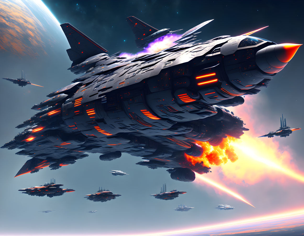 Futuristic spaceships entering planet's atmosphere with trailing fire.