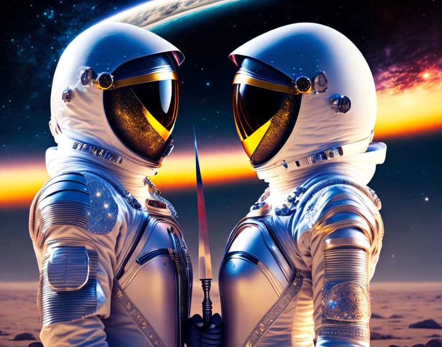 Astronauts in reflective spacesuits on alien planet with sunrise & spacecraft