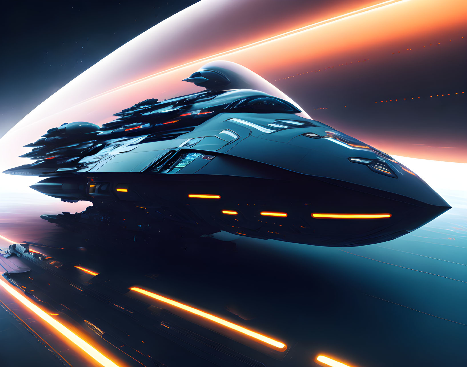 Futuristic spaceship with orange lights near planet with glowing rings