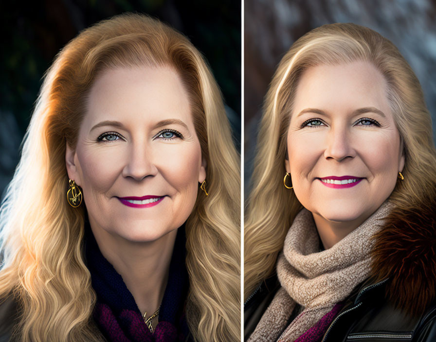 Side-by-Side Smiling Woman Portraits with Varied Lighting Effects