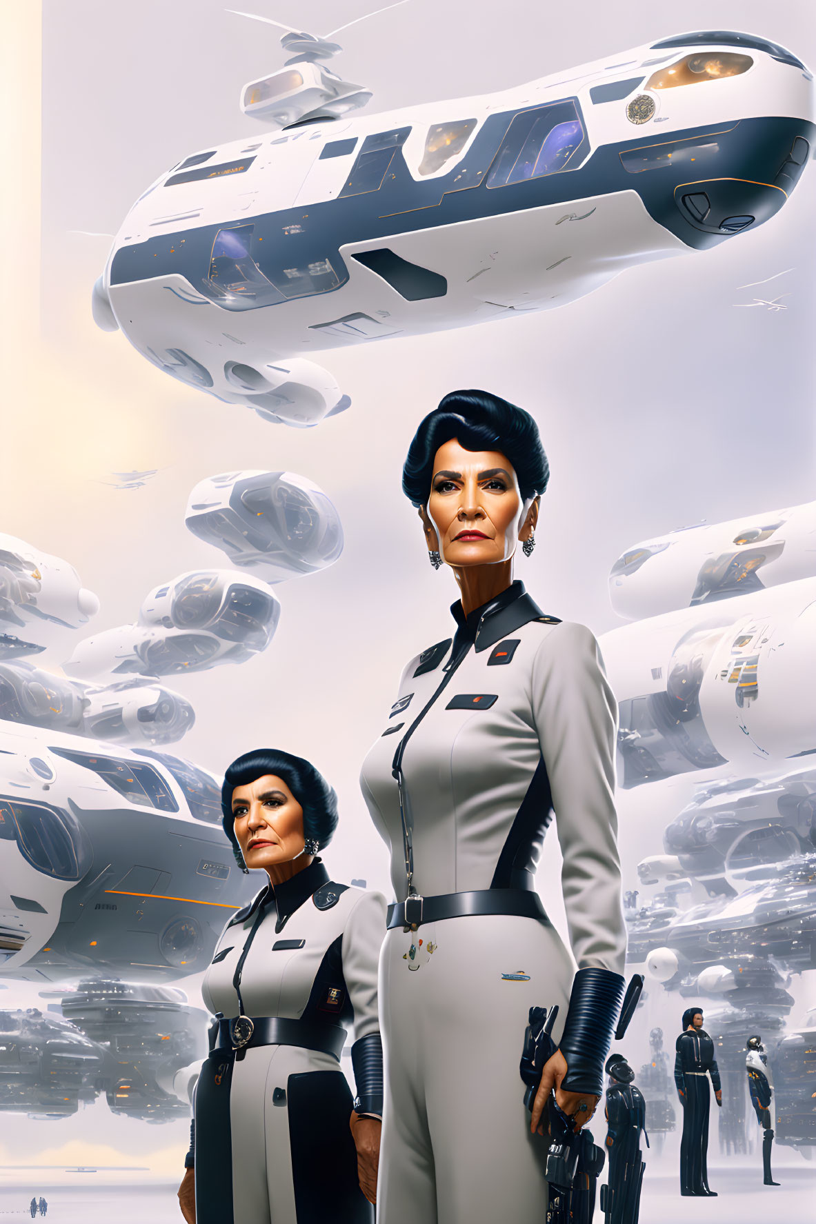 Futuristic scene with uniformed individuals and flying vehicles