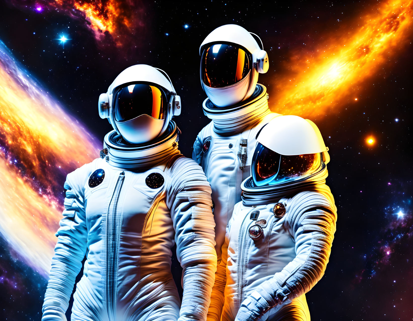 Three astronauts in white space suits against a vibrant galactic backdrop.