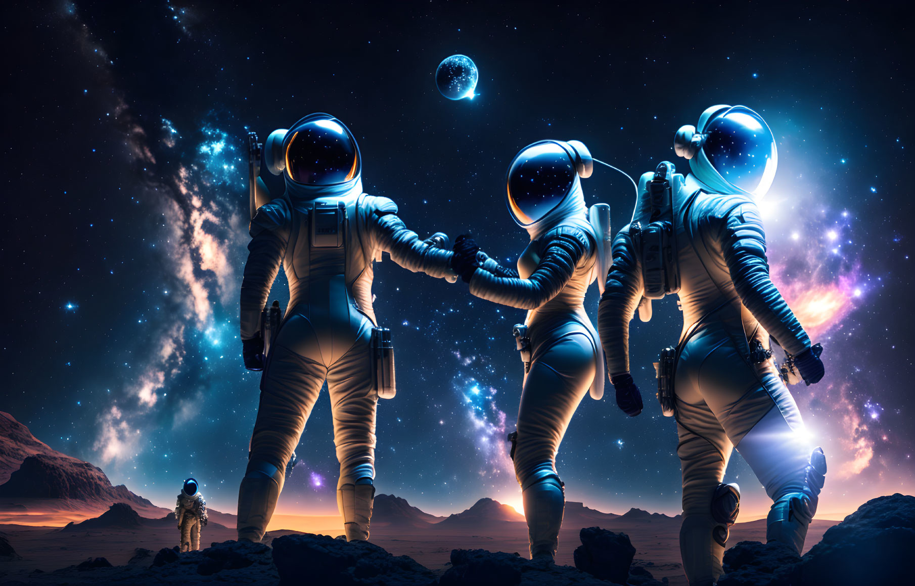 Astronauts holding hands on alien planet under starry sky