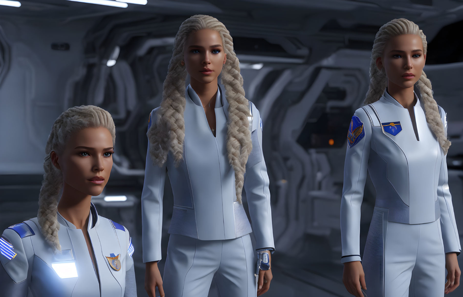 Three women in futuristic blue and white uniforms inside a spacecraft