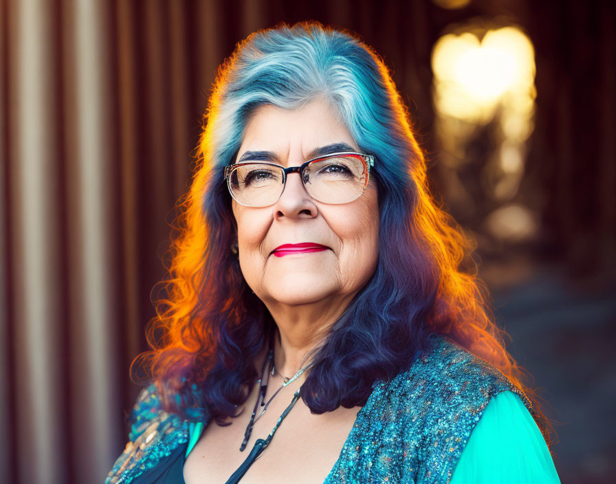 Elderly woman with blue-streaked hair and glasses smiling warmly