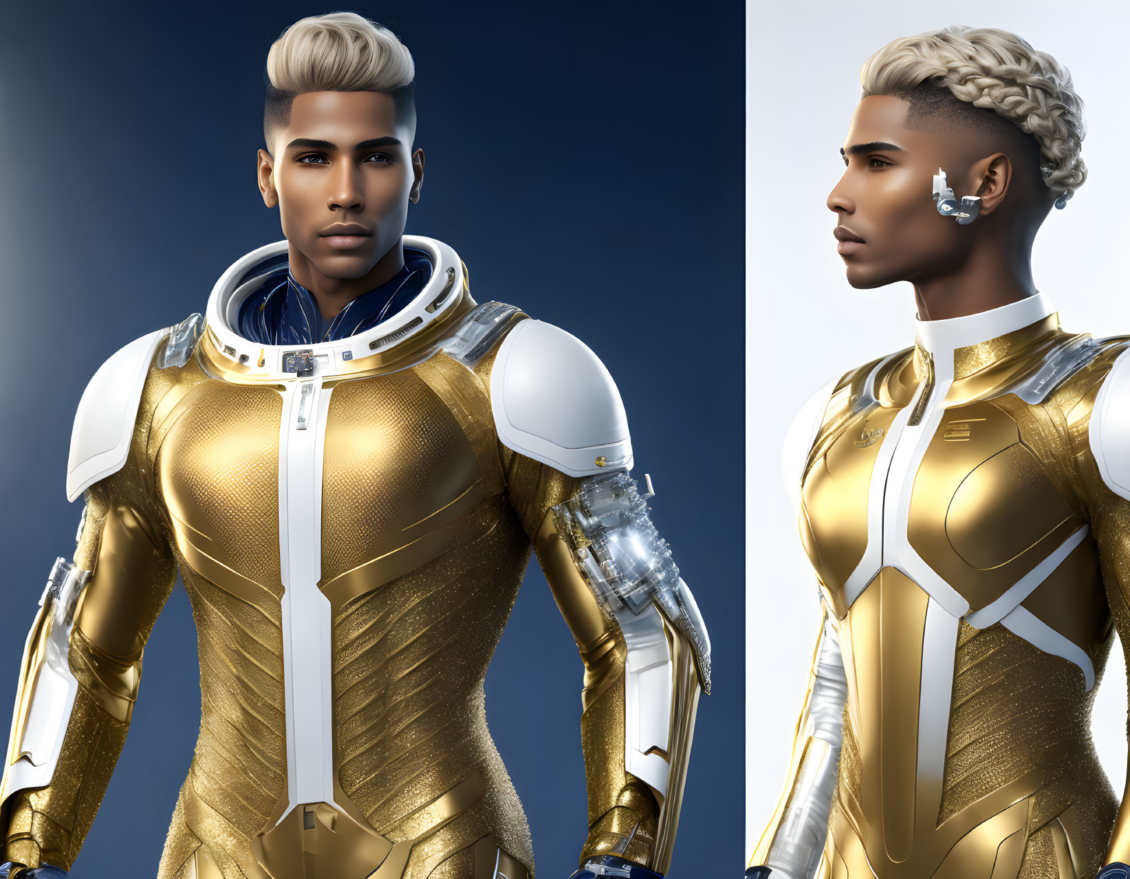 Blonde male character in gold and white futuristic space suit