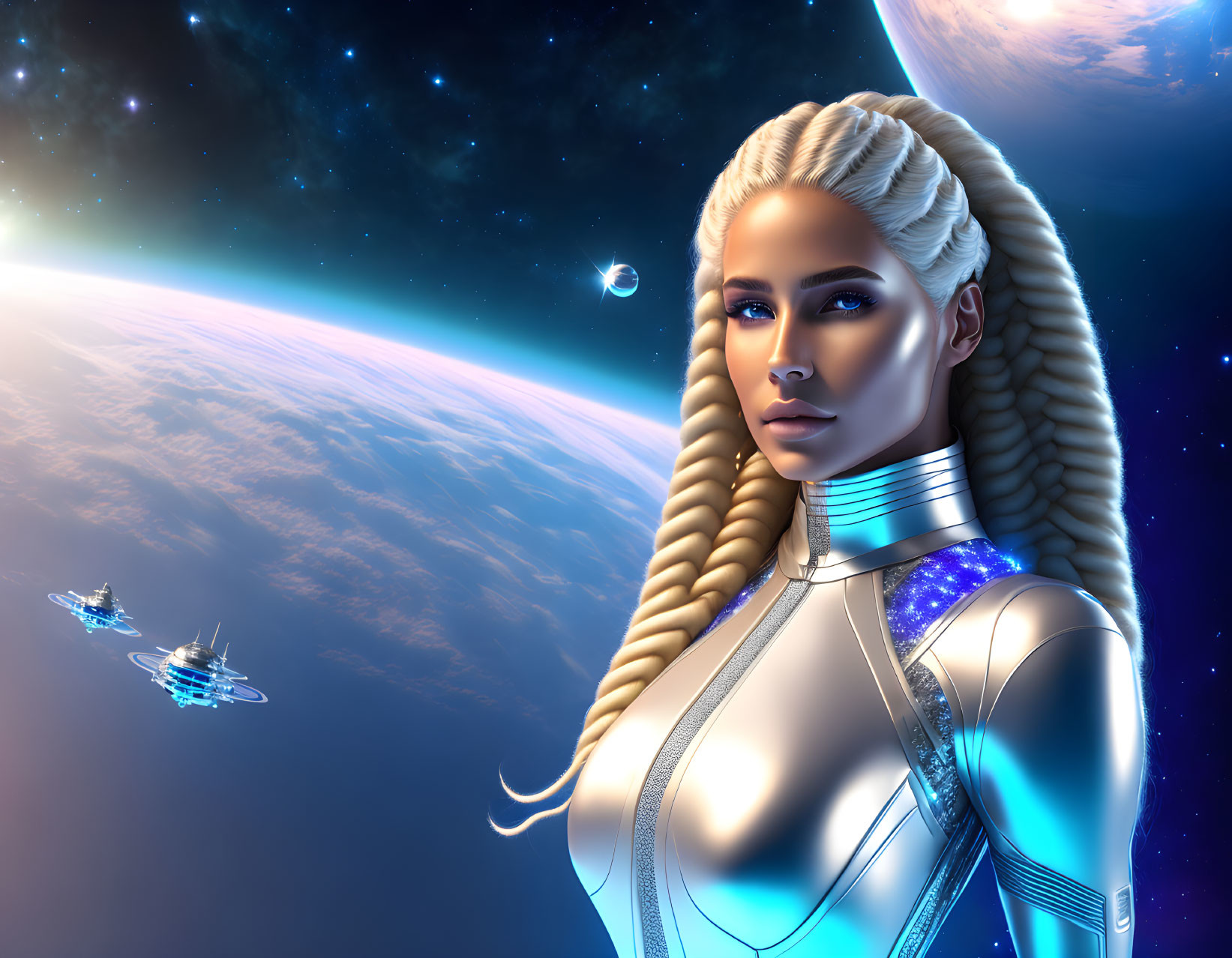 Futuristic female android with braided hair in sci-fi setting