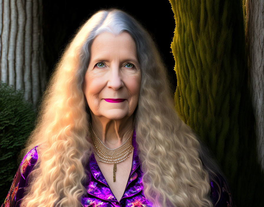 Elderly woman with gray hair and purple blouse in nature portrait