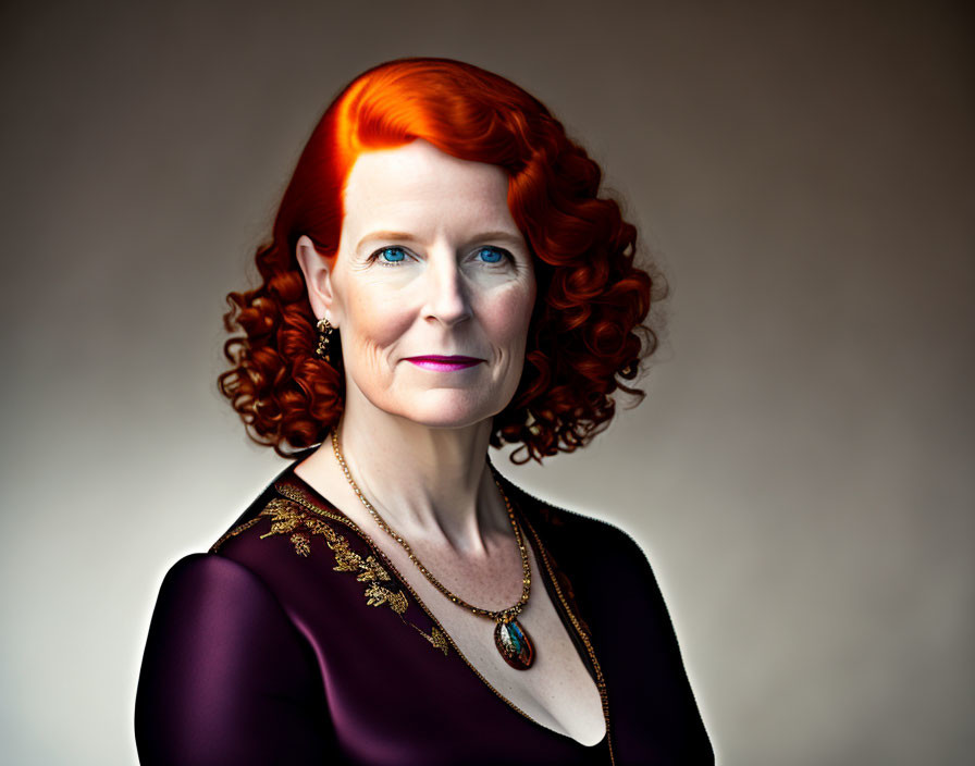 Vibrant red-haired woman in dark dress with gold embroidery