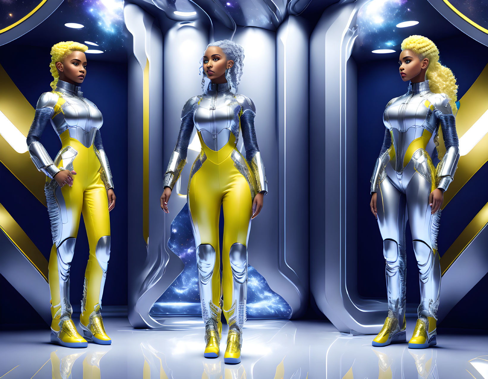 Futuristic female character in silver and yellow bodysuit with cybernetic enhancements poses in sci