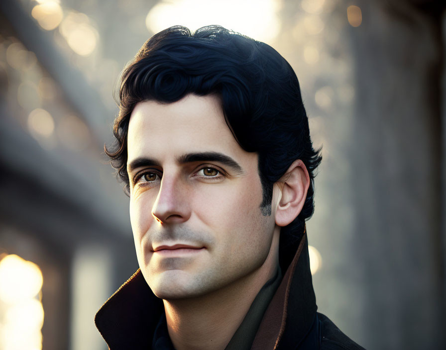 Portrait of man with dark hair, prominent eyebrows, in jacket, against softly lit bokeh background