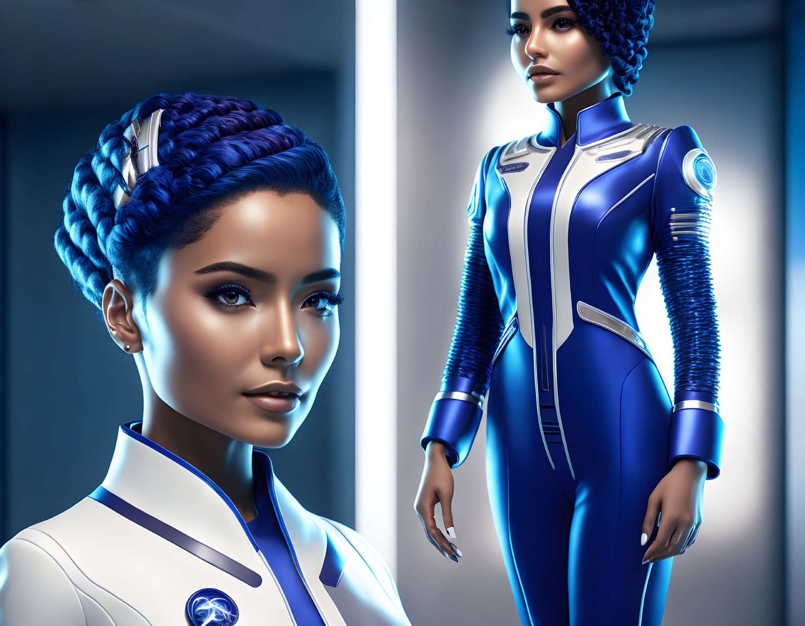 Futuristic women in blue and white uniforms with braided hair in softly lit corridor