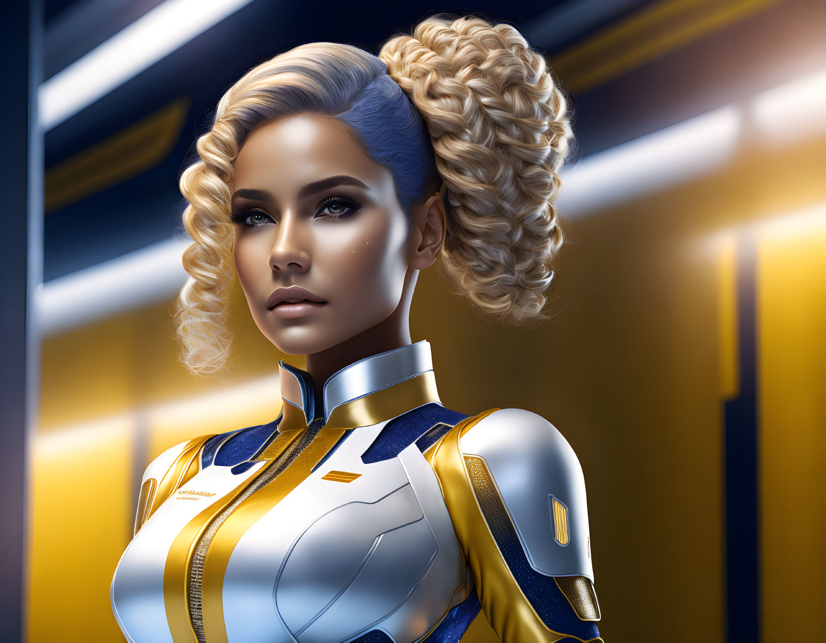 Detailed close-up of blonde CGI character in futuristic bodysuit