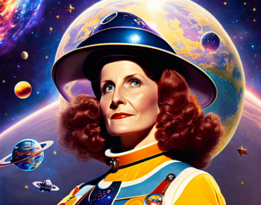 Retro-futuristic woman in space helmet with vibrant planets and stars