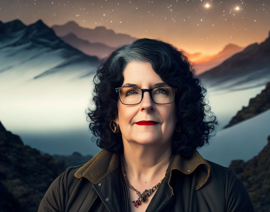 Curly Gray-Haired Woman in Brown Jacket and Glasses in Mountain Landscape