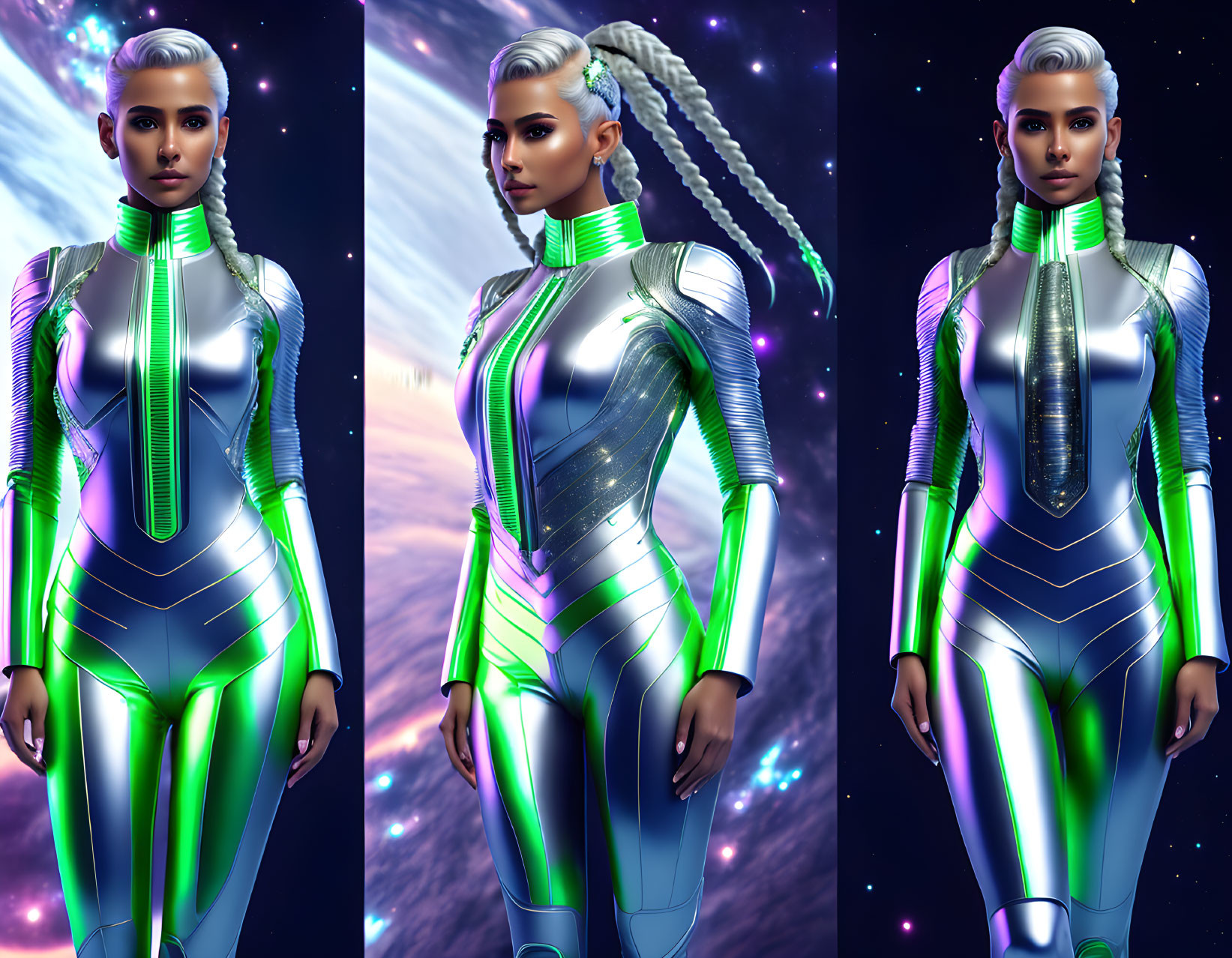 Digital illustration: Woman in silver futuristic attire with braided hair in cosmic setting