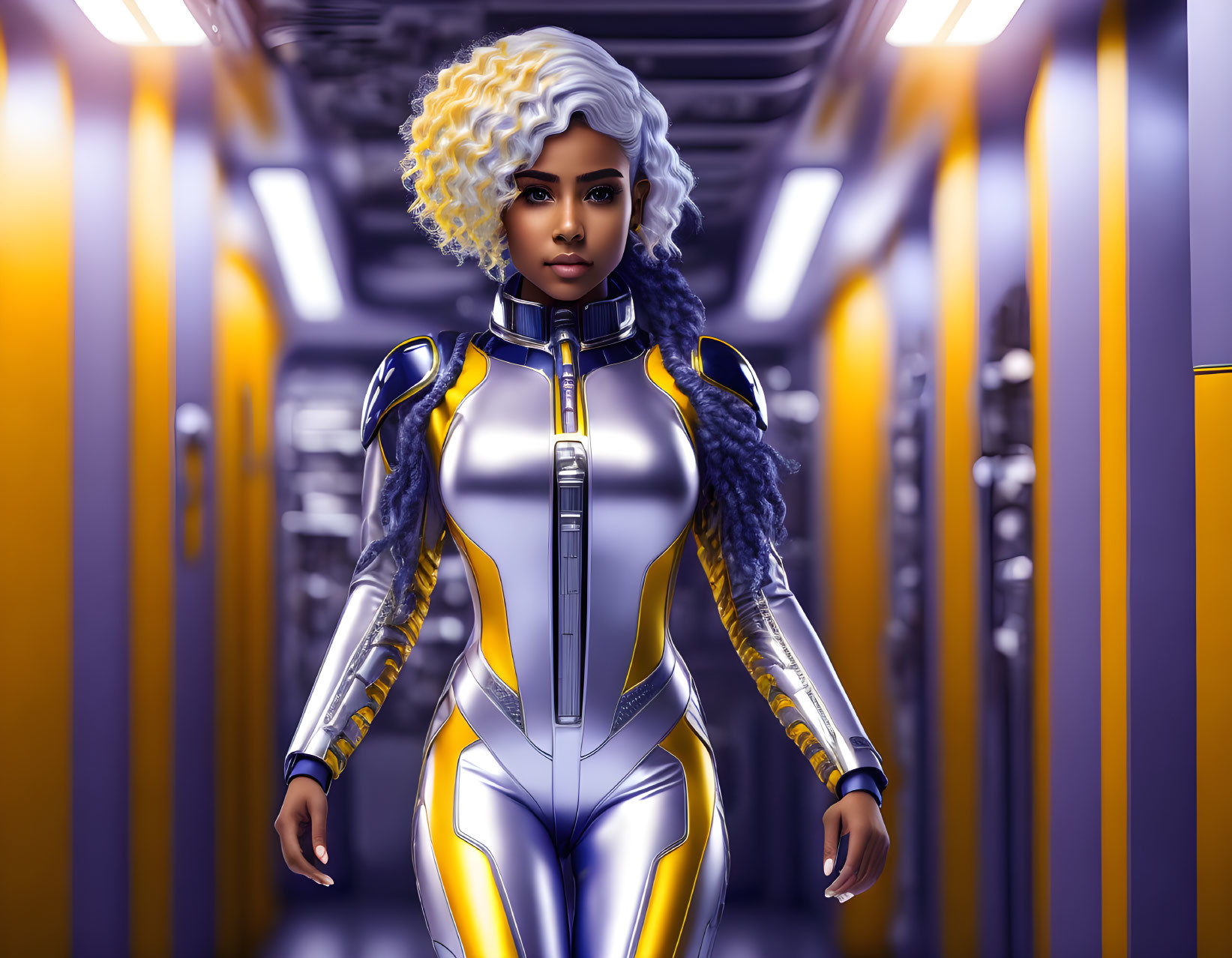 Futuristic female character with white curly hair in silver sci-fi suit on spaceship corridor