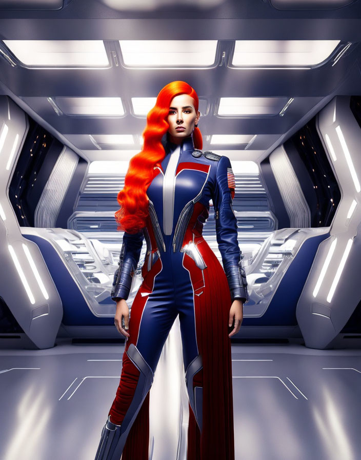 Bright Red-Haired Woman in Futuristic Space Suit in Metallic Corridor