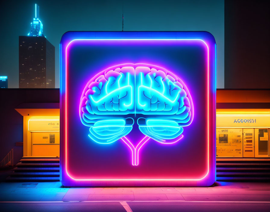 Stylized blue and pink neon brain sign on building at night