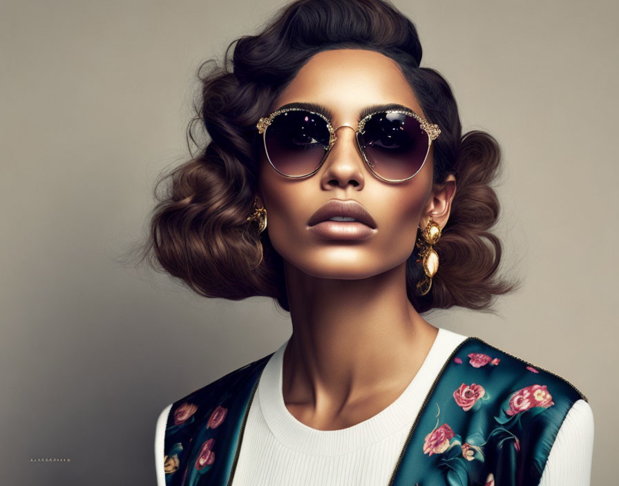 Stylish woman with curly hair in floral jacket and sunglasses