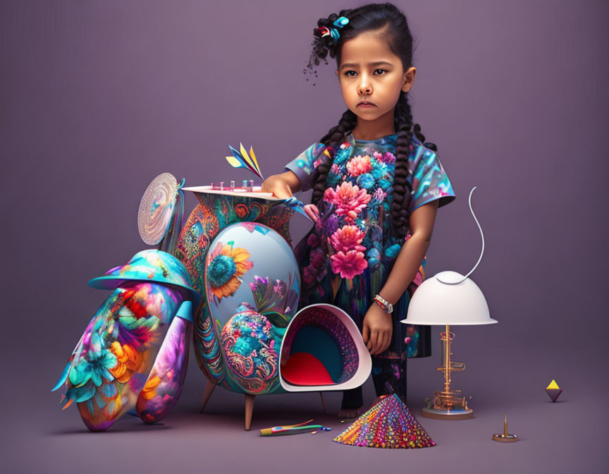 Young Girl with Braided Hair Beside Colorful Desk and Art Supplies