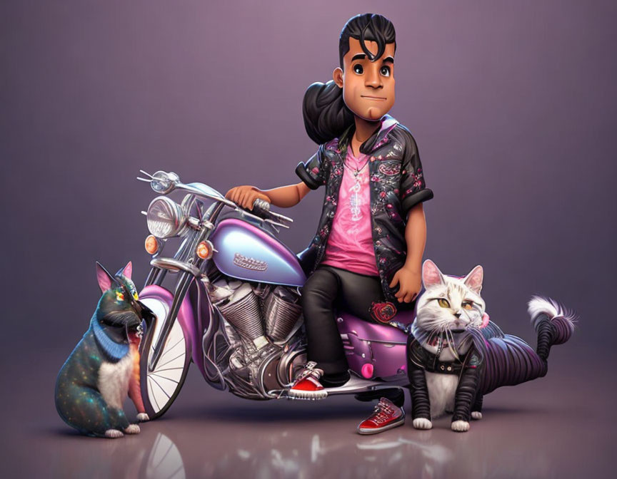 Stylized 3D illustration of young man with cats and motorcycle