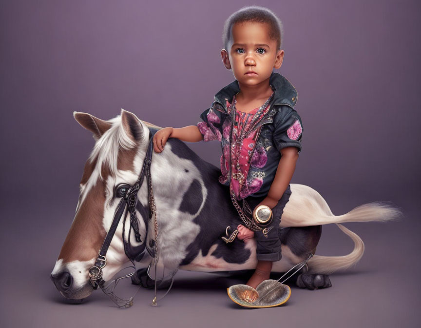 Child standing next to small horse in stylish outfit with serious expression