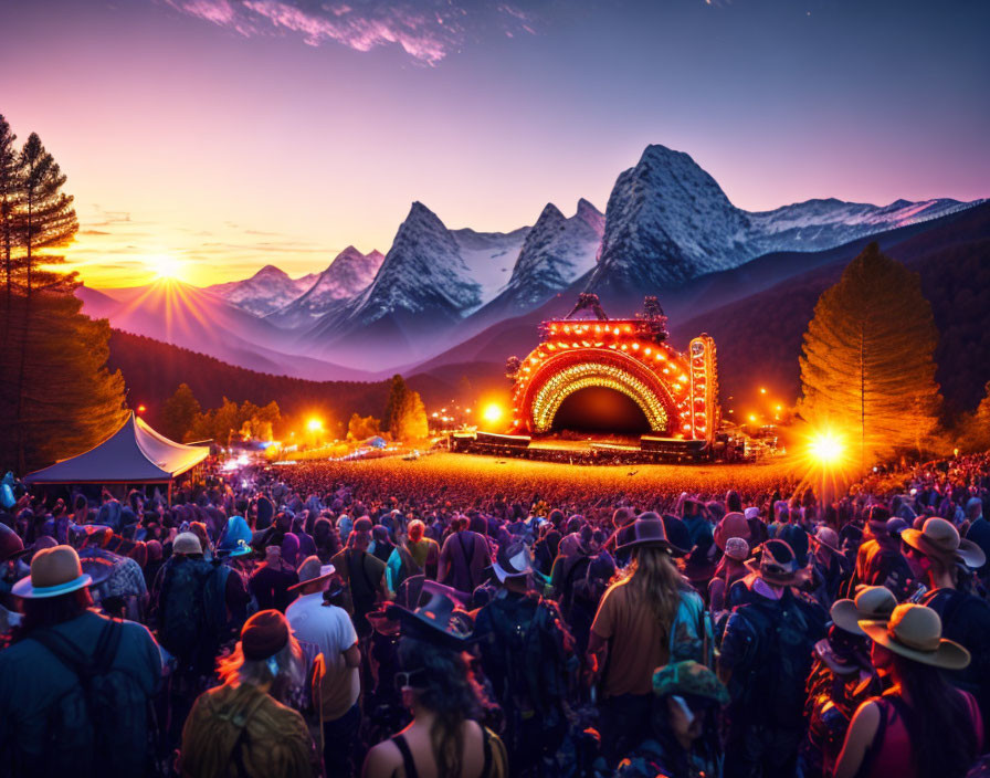 Vibrant outdoor music festival at sunset with crowd and stage lights